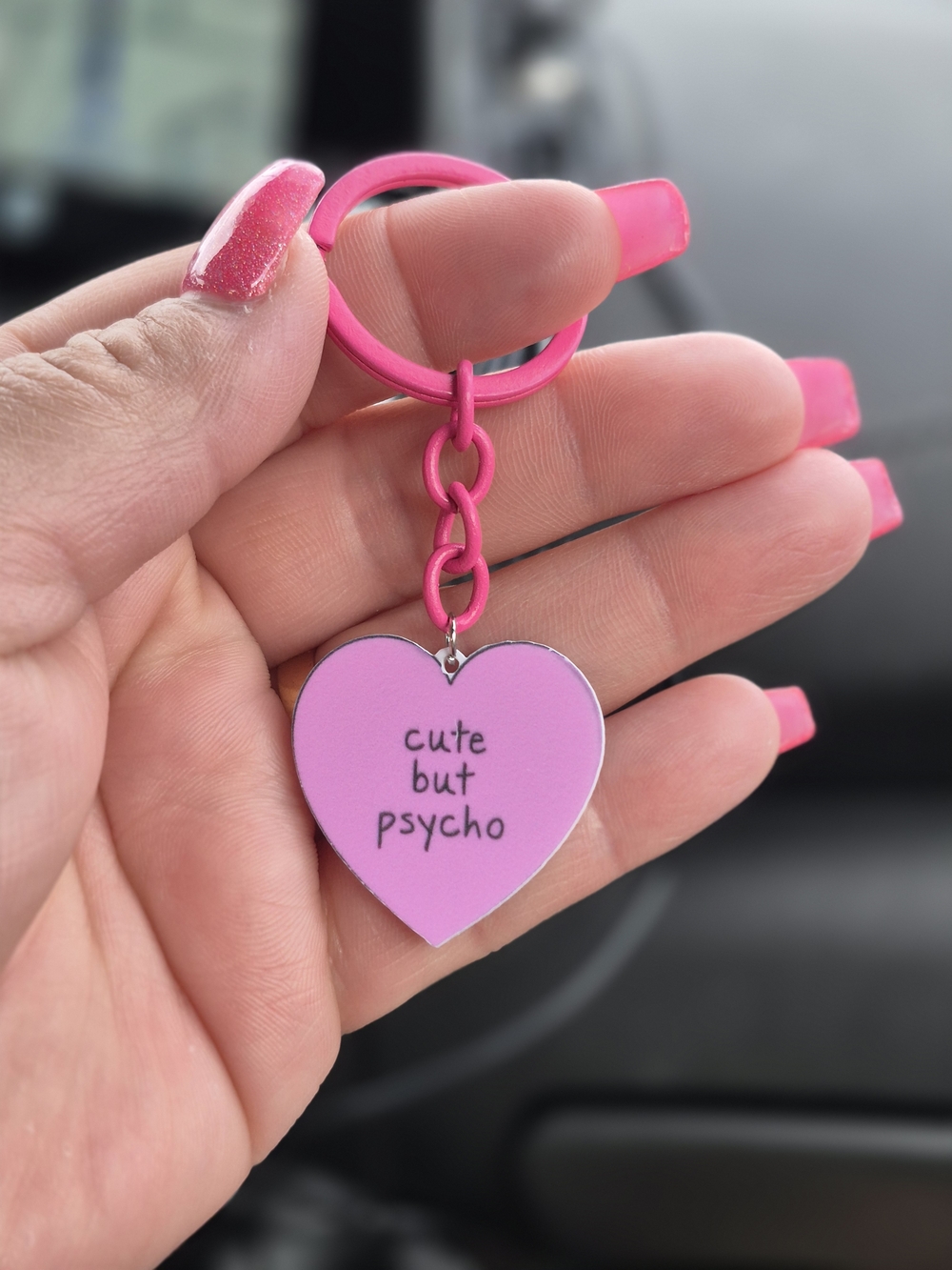 Pink Heart Keychain "cute but psycho" ♡ Hot Girl Travel Accessory, Keyholder